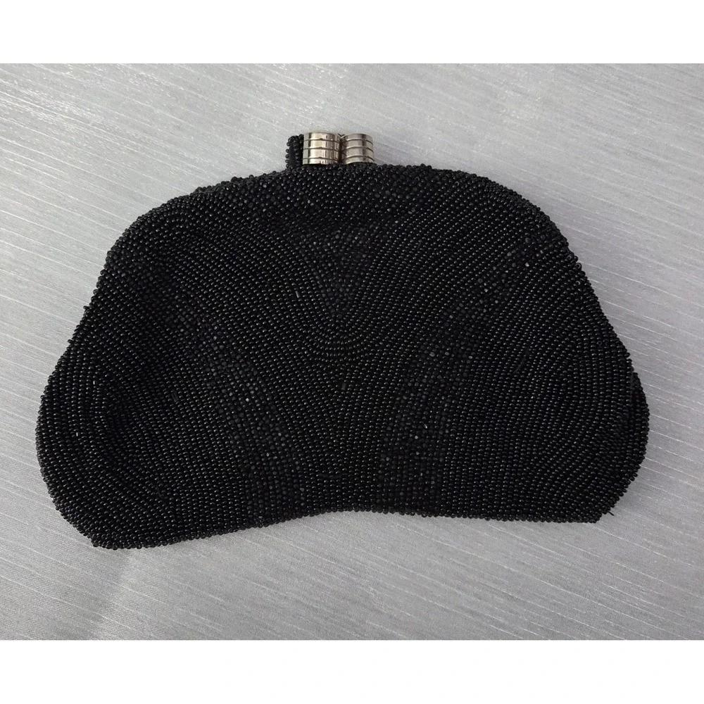 Vintage Black Hand Beaded Evening Bag Purse‎ Clutch Belgium w/ Original Mirror